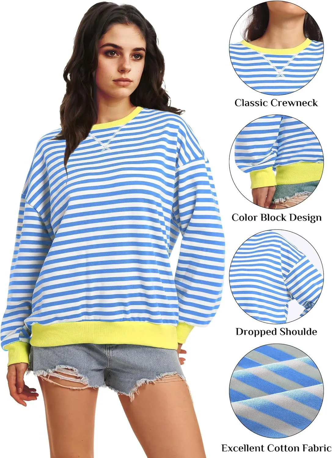Women Oversized Striped Sweatshirt Long Sleeve Crewneck Shirt Fashion Fall 2025 Pullover Top Preppy Y2K Clothes