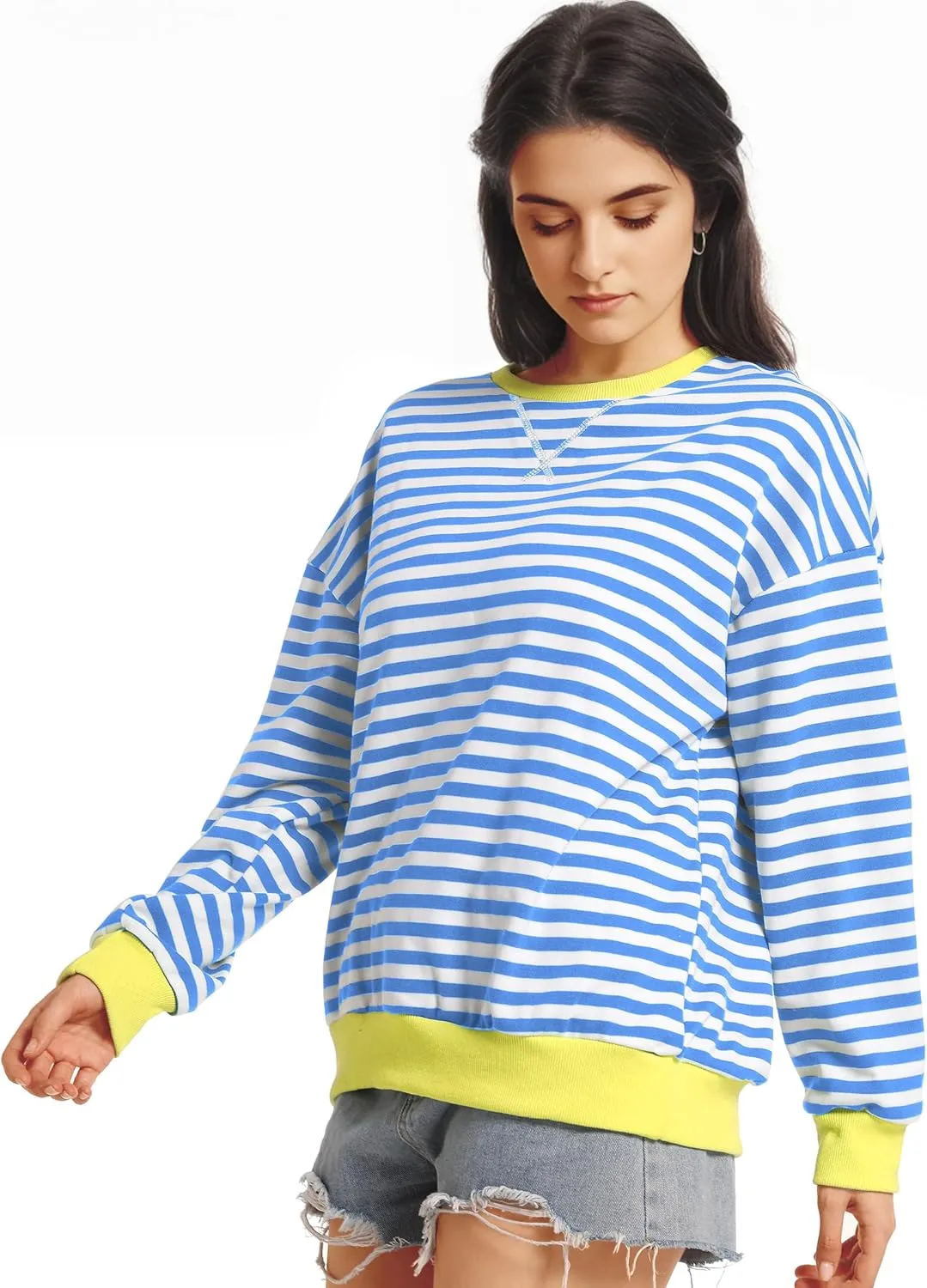 Women Oversized Striped Sweatshirt Long Sleeve Crewneck Shirt Fashion Fall 2025 Pullover Top Preppy Y2K Clothes