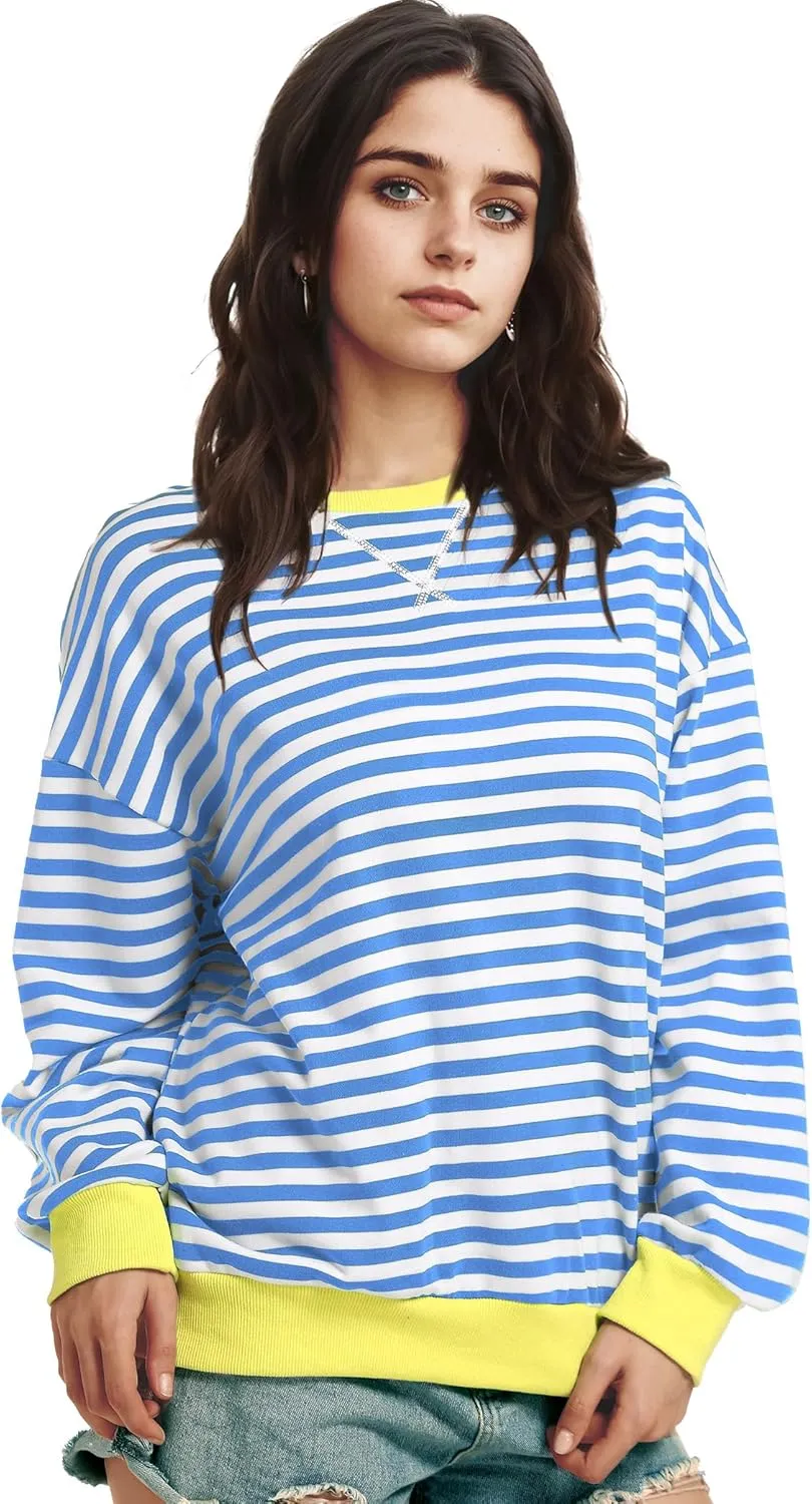 Women Oversized Striped Sweatshirt Long Sleeve Crewneck Shirt Fashion Fall 2025 Pullover Top Preppy Y2K Clothes