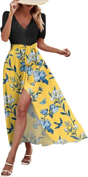 Women Summer 2025 Maxi Dress Vacation Floral Short Sleeve Casual Boho High Split Beach Cover Ups Long Flowy Sundress