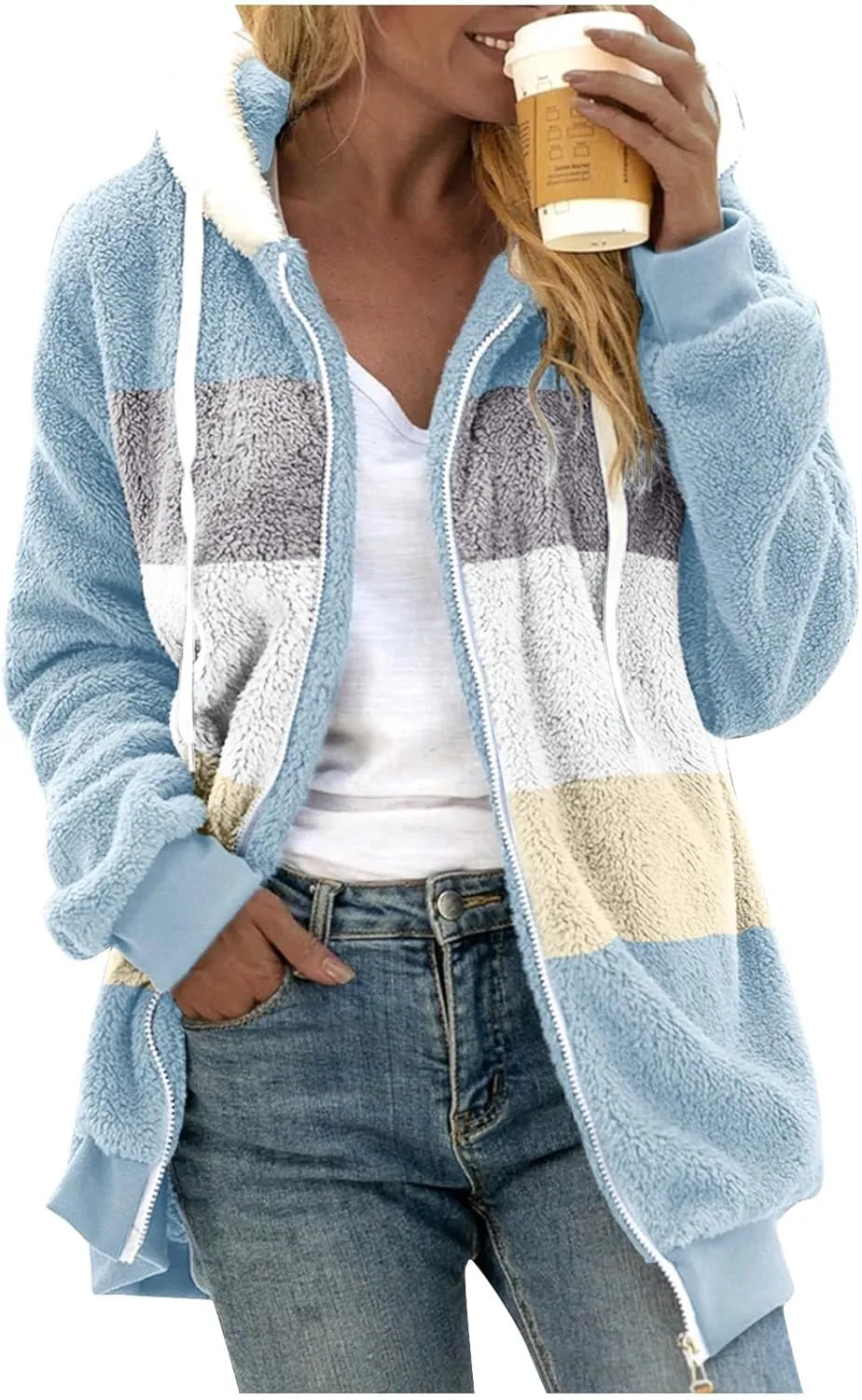 Womens 2023 Winter Fashion Plus Size Sharpa Jacket Fleece Warm Hoodie Outwear Plush Sweatshirt Thick Fuzzy Tops