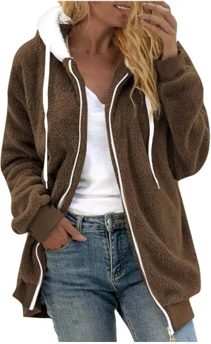 Womens 2023 Winter Fashion Plus Size Sharpa Jacket Fleece Warm Hoodie Outwear Plush Sweatshirt Thick Fuzzy Tops