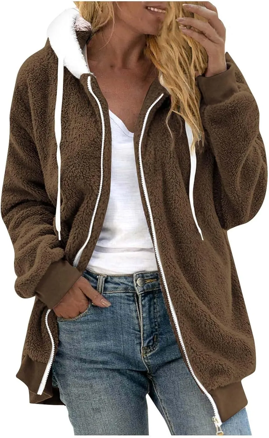 Womens 2023 Winter Fashion Plus Size Sharpa Jacket Fleece Warm Hoodie Outwear Plush Sweatshirt Thick Fuzzy Tops