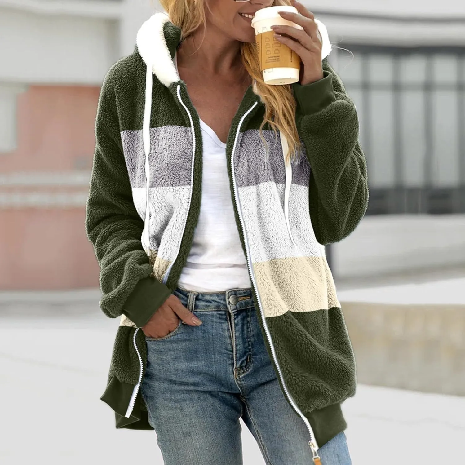 Womens 2023 Winter Fashion Plus Size Sharpa Jacket Fleece Warm Hoodie Outwear Plush Sweatshirt Thick Fuzzy Tops