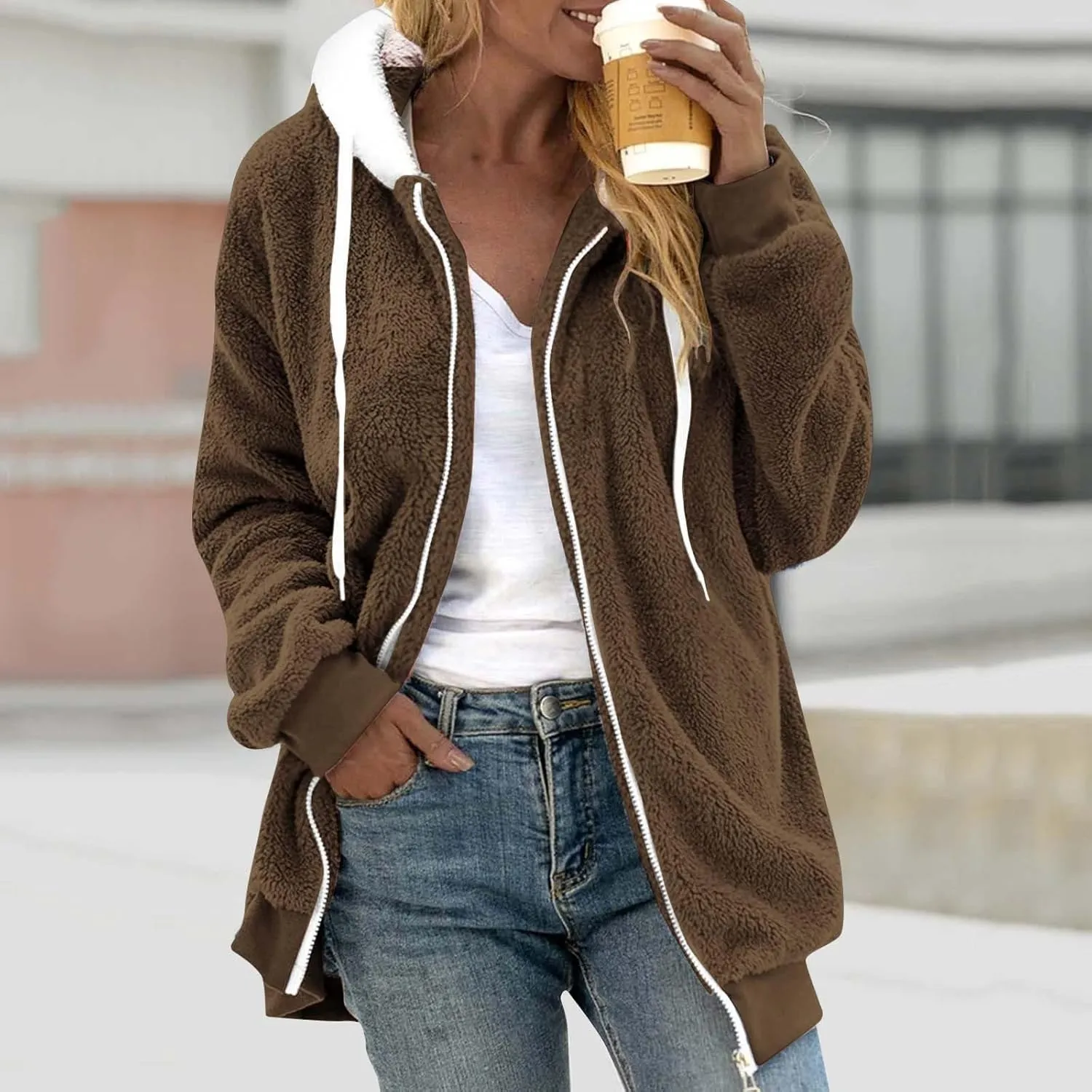 Womens 2023 Winter Fashion Plus Size Sharpa Jacket Fleece Warm Hoodie Outwear Plush Sweatshirt Thick Fuzzy Tops
