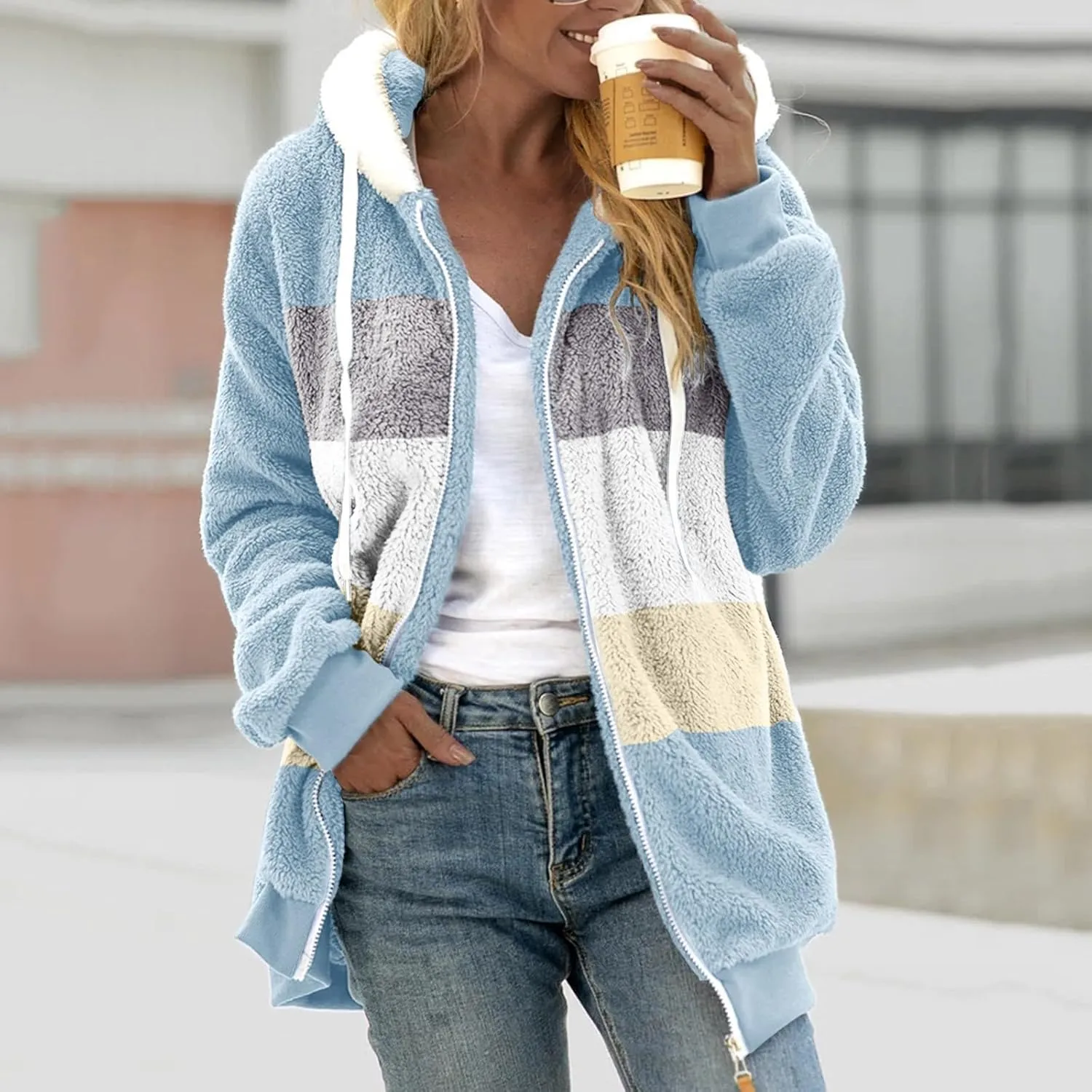 Womens 2023 Winter Fashion Plus Size Sharpa Jacket Fleece Warm Hoodie Outwear Plush Sweatshirt Thick Fuzzy Tops