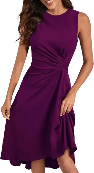 Women's 2025 Summer Sleeveless Ruched Waist Flowy A Line High Midi Dress Deep V Dress