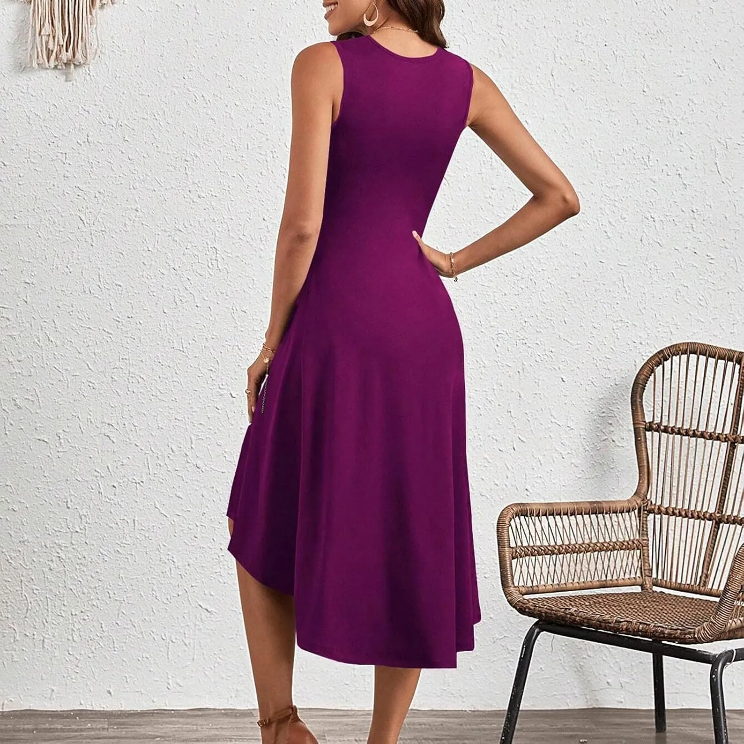 Women's 2025 Summer Sleeveless Ruched Waist Flowy A Line High Midi Dress Deep V Dress
