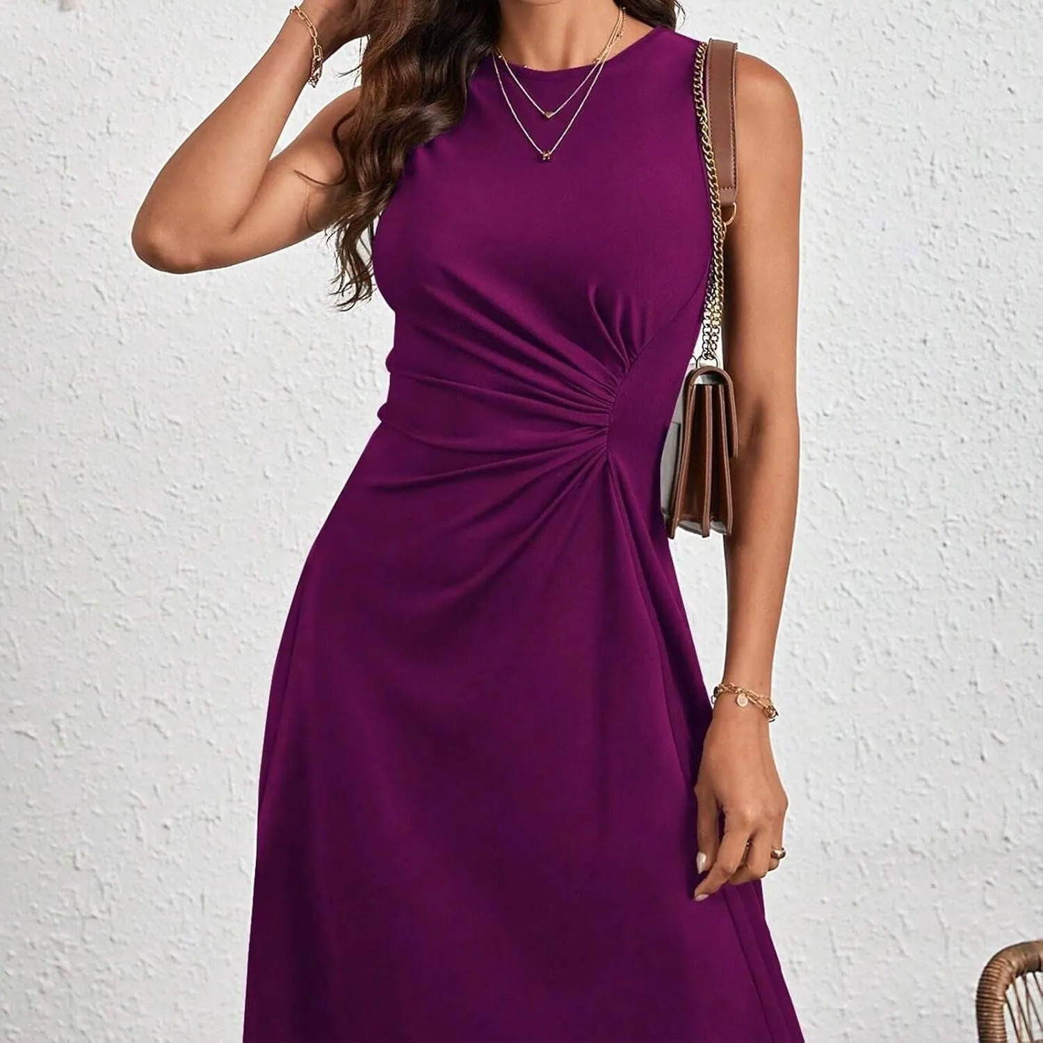 Women's 2025 Summer Sleeveless Ruched Waist Flowy A Line High Midi Dress Deep V Dress