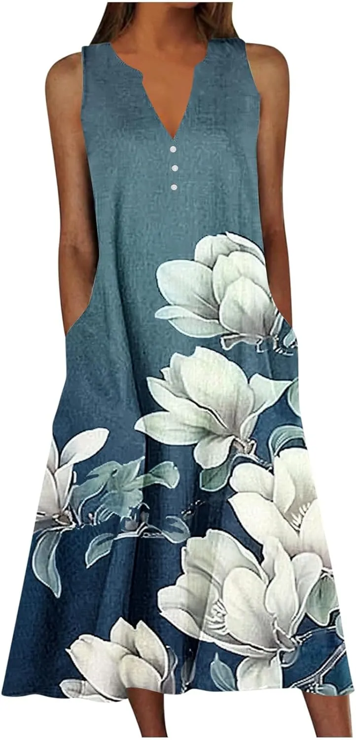Womens 2025 Summer Trendy Floral Dress Casual V-Neck Button Sleeveless Sundresses Beach Vacation Tank Dresses