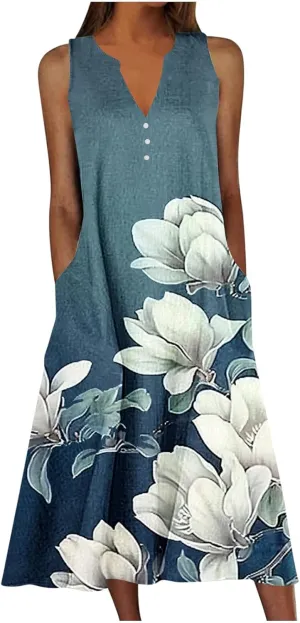 Womens 2025 Summer Trendy Floral Dress Casual V-Neck Button Sleeveless Sundresses Beach Vacation Tank Dresses