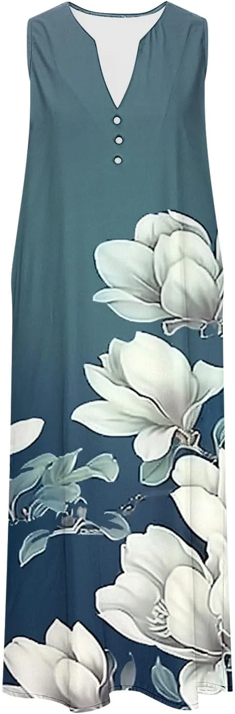 Womens 2025 Summer Trendy Floral Dress Casual V-Neck Button Sleeveless Sundresses Beach Vacation Tank Dresses