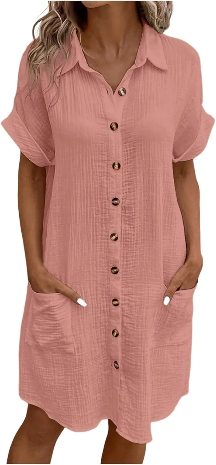Womens Button Down Shirt Dress Summer Cotton Linen Dress V-Neck Mini Dress Casual Short Sleeve Loose Tunic Dresses