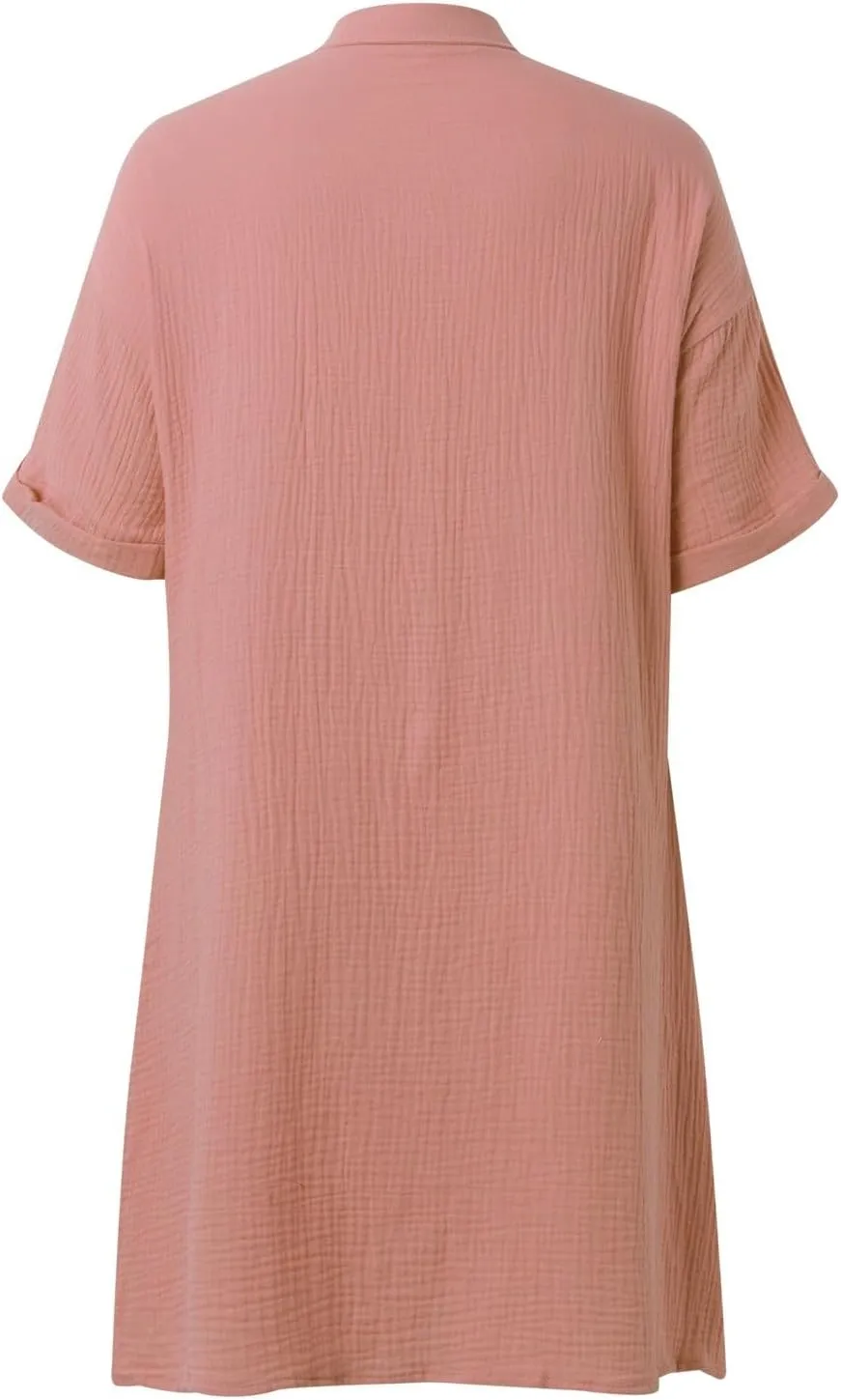 Womens Button Down Shirt Dress Summer Cotton Linen Dress V-Neck Mini Dress Casual Short Sleeve Loose Tunic Dresses