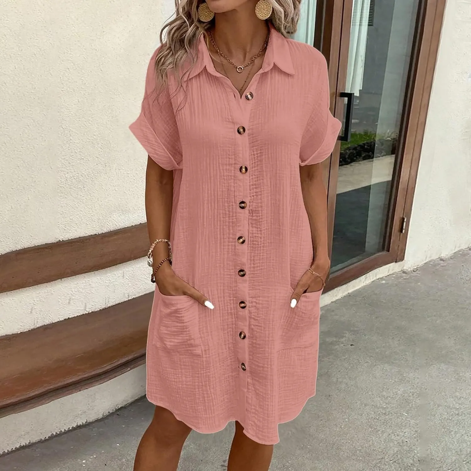 Womens Button Down Shirt Dress Summer Cotton Linen Dress V-Neck Mini Dress Casual Short Sleeve Loose Tunic Dresses