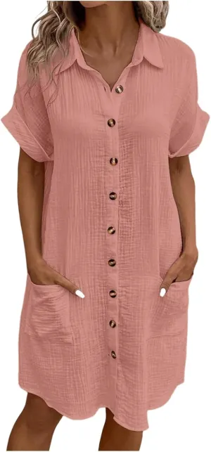 Womens Button Down Shirt Dress Summer Cotton Linen Dress V-Neck Mini Dress Casual Short Sleeve Loose Tunic Dresses