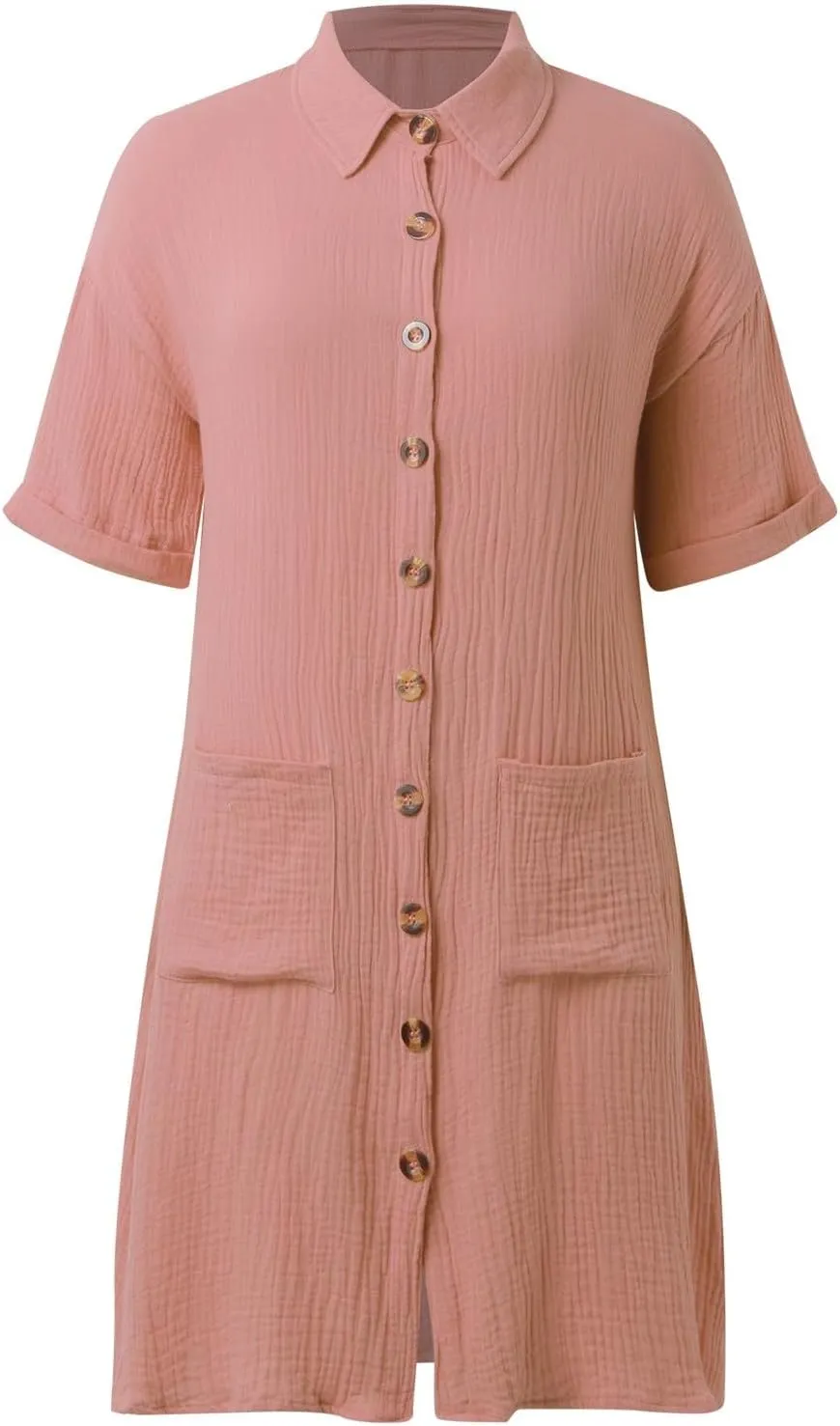 Womens Button Down Shirt Dress Summer Cotton Linen Dress V-Neck Mini Dress Casual Short Sleeve Loose Tunic Dresses