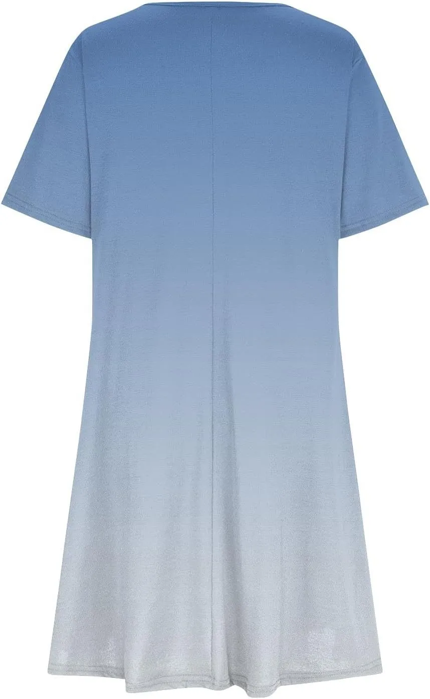 Women's Casual Simple T-Shirt Loose Dress Short Sleeve Ombre Dress Summer T-Shirt Sundress Gradient Swing Dresses