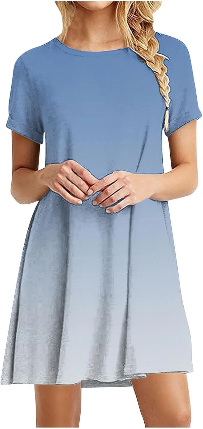 Women's Casual Simple T-Shirt Loose Dress Short Sleeve Ombre Dress Summer T-Shirt Sundress Gradient Swing Dresses