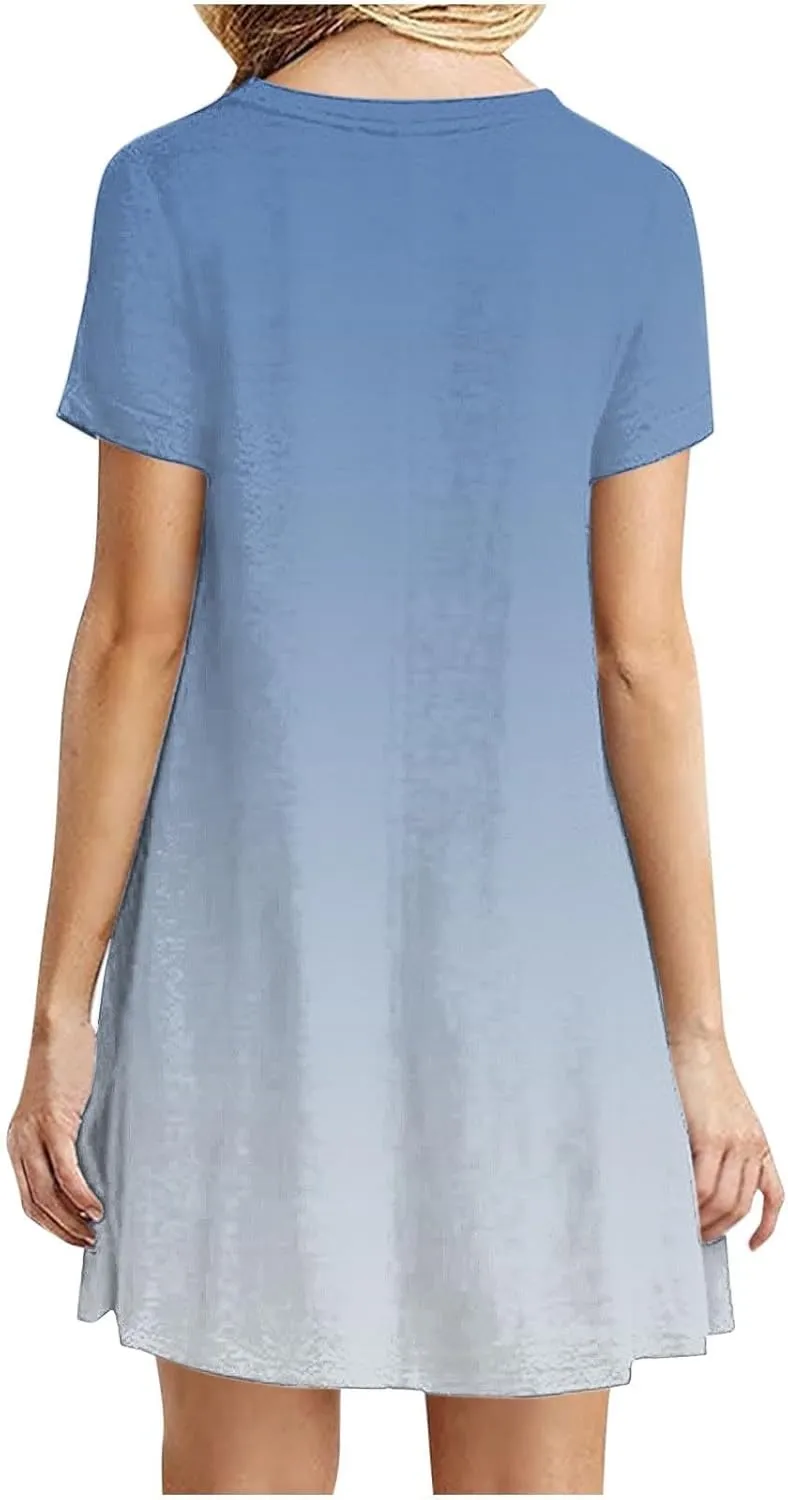 Women's Casual Simple T-Shirt Loose Dress Short Sleeve Ombre Dress Summer T-Shirt Sundress Gradient Swing Dresses