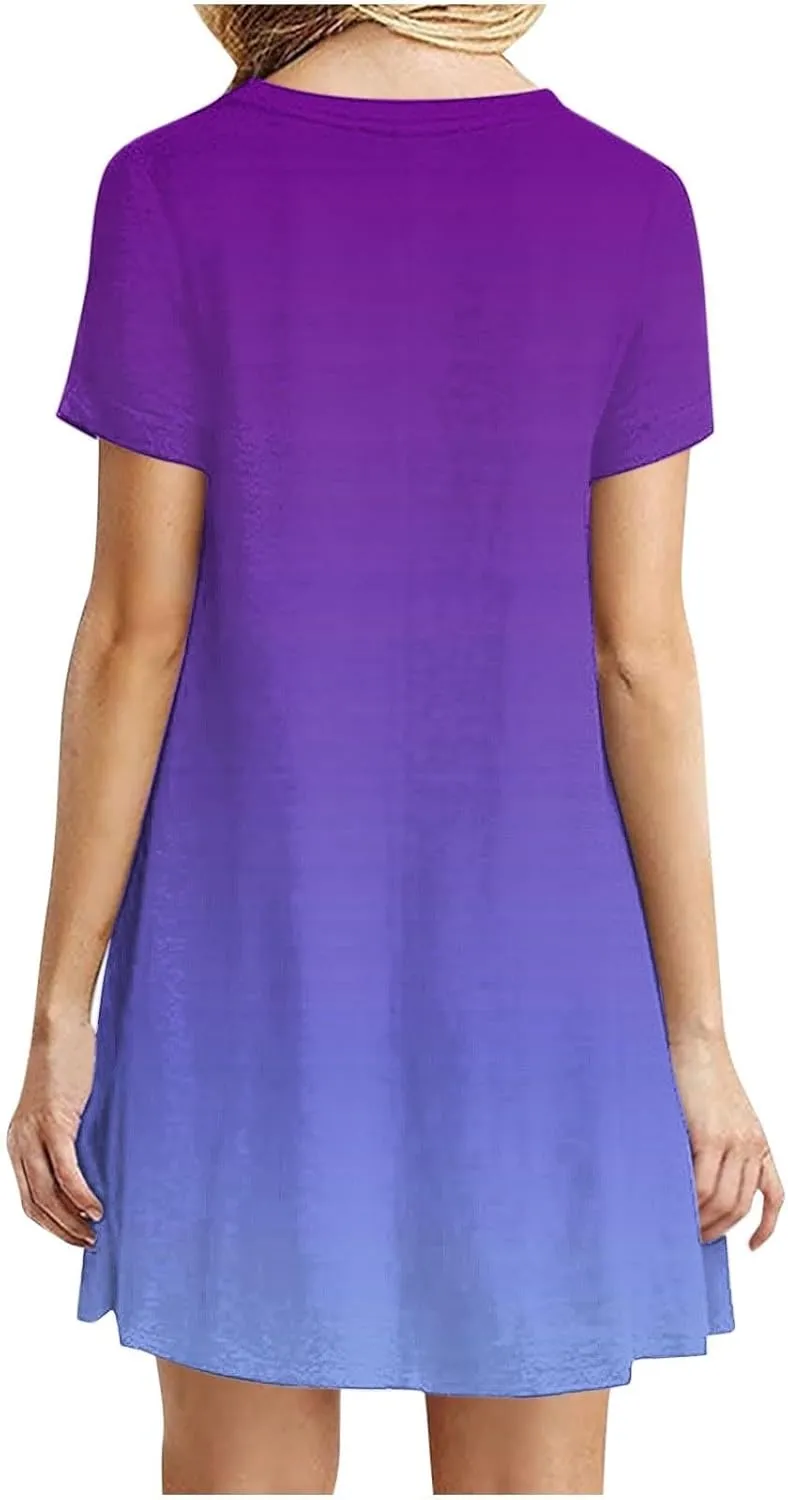 Women's Casual Simple T-Shirt Loose Dress Short Sleeve Ombre Dress Summer T-Shirt Sundress Gradient Swing Dresses