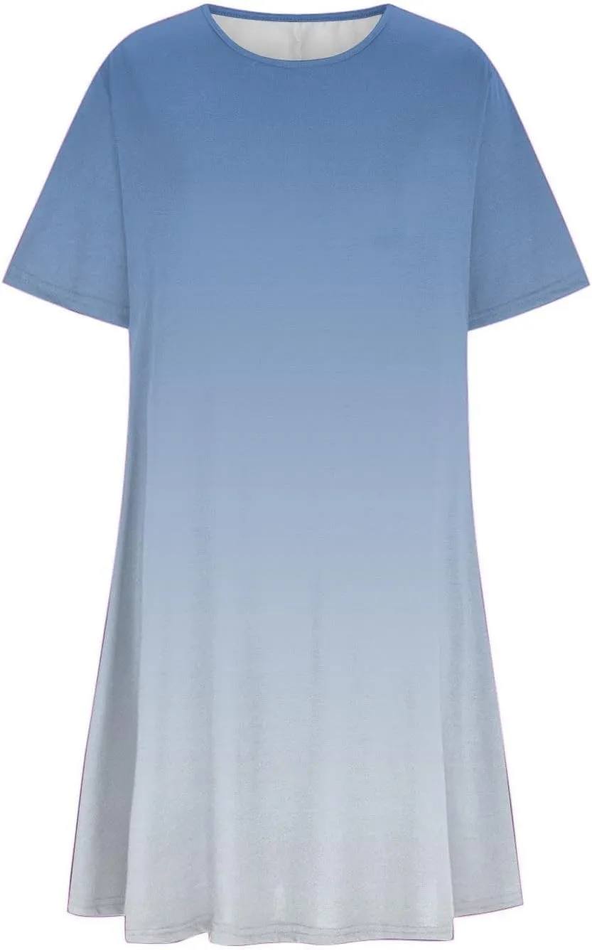 Women's Casual Simple T-Shirt Loose Dress Short Sleeve Ombre Dress Summer T-Shirt Sundress Gradient Swing Dresses