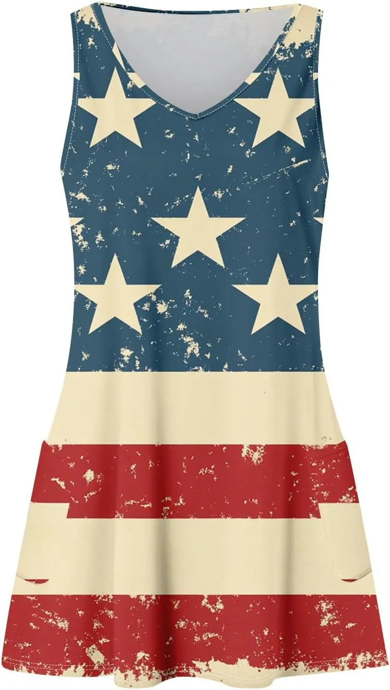 Women's Casual Summer Dresses 4Th of July Sleeveless V-Neck Patriotic Tank Sundress with Pockets Dress, S-2XL