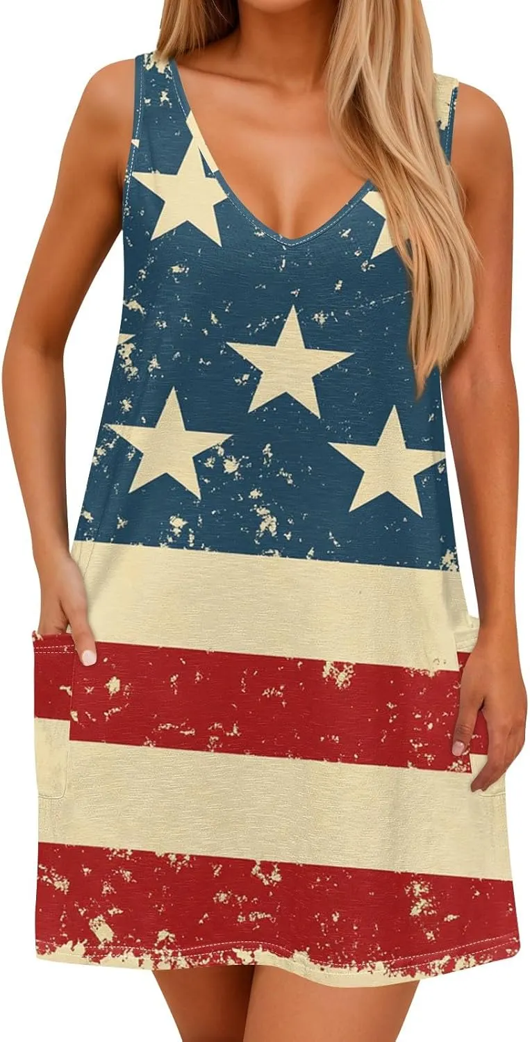 Women's Casual Summer Dresses 4Th of July Sleeveless V-Neck Patriotic Tank Sundress with Pockets Dress, S-2XL