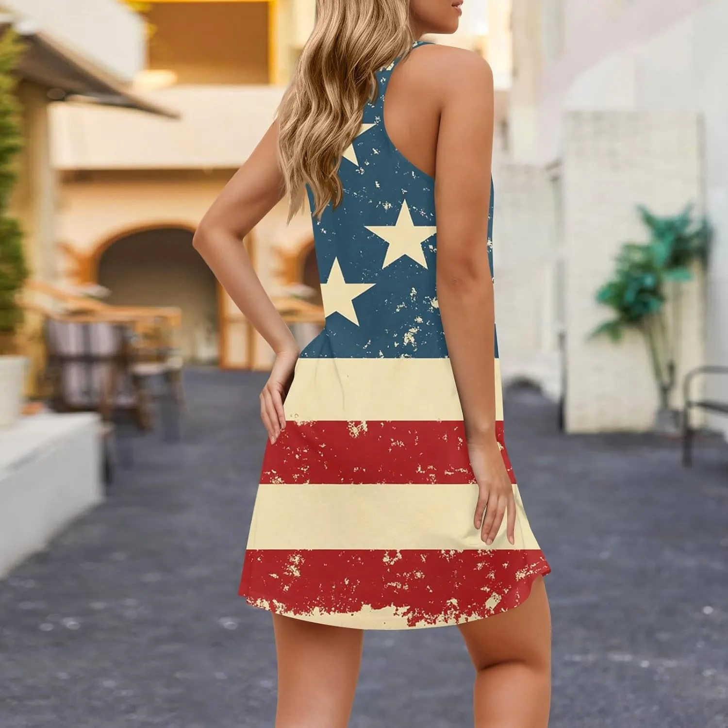Women's Casual Summer Dresses 4Th of July Sleeveless V-Neck Patriotic Tank Sundress with Pockets Dress, S-2XL