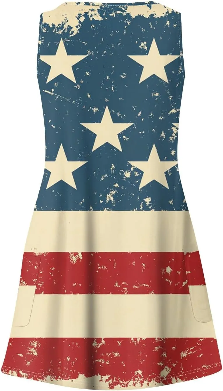 Women's Casual Summer Dresses 4Th of July Sleeveless V-Neck Patriotic Tank Sundress with Pockets Dress, S-2XL