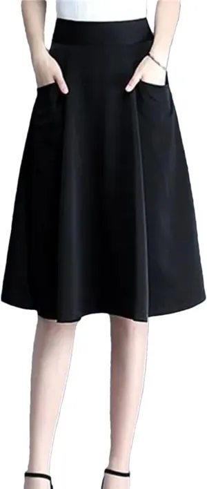 Women's Classic Pocket Pleated Skirt High Waist Slim Versatile A-Line Skirt Fashion Office Work Skirt