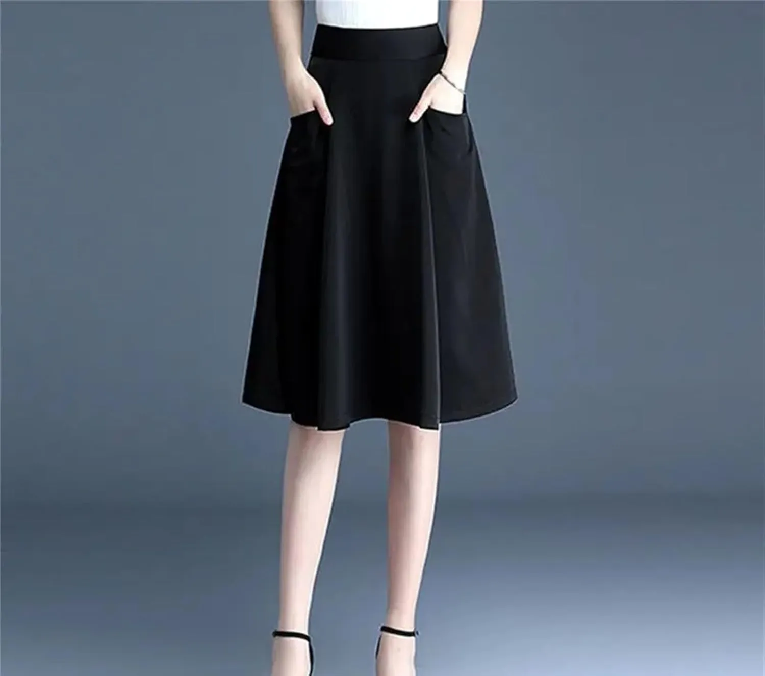 Women's Classic Pocket Pleated Skirt High Waist Slim Versatile A-Line Skirt Fashion Office Work Skirt