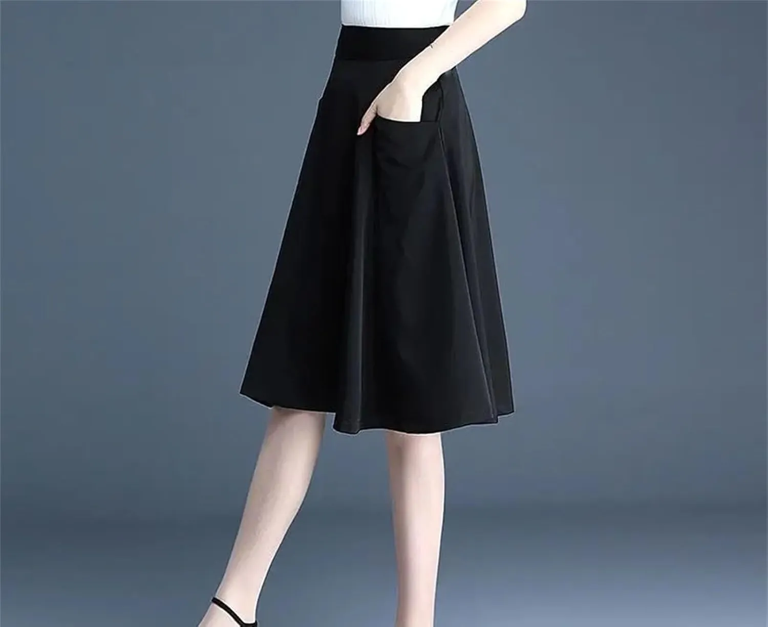 Women's Classic Pocket Pleated Skirt High Waist Slim Versatile A-Line Skirt Fashion Office Work Skirt