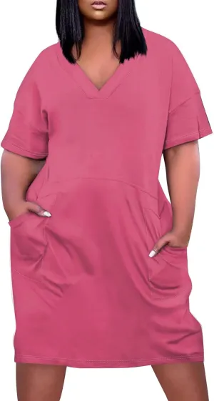 Women's Cruise Outfits 2025 Summer Casual Loose Trendy Short Sleeve V-Neck Solid Sun Beach Dress Plus Size, L-5XL