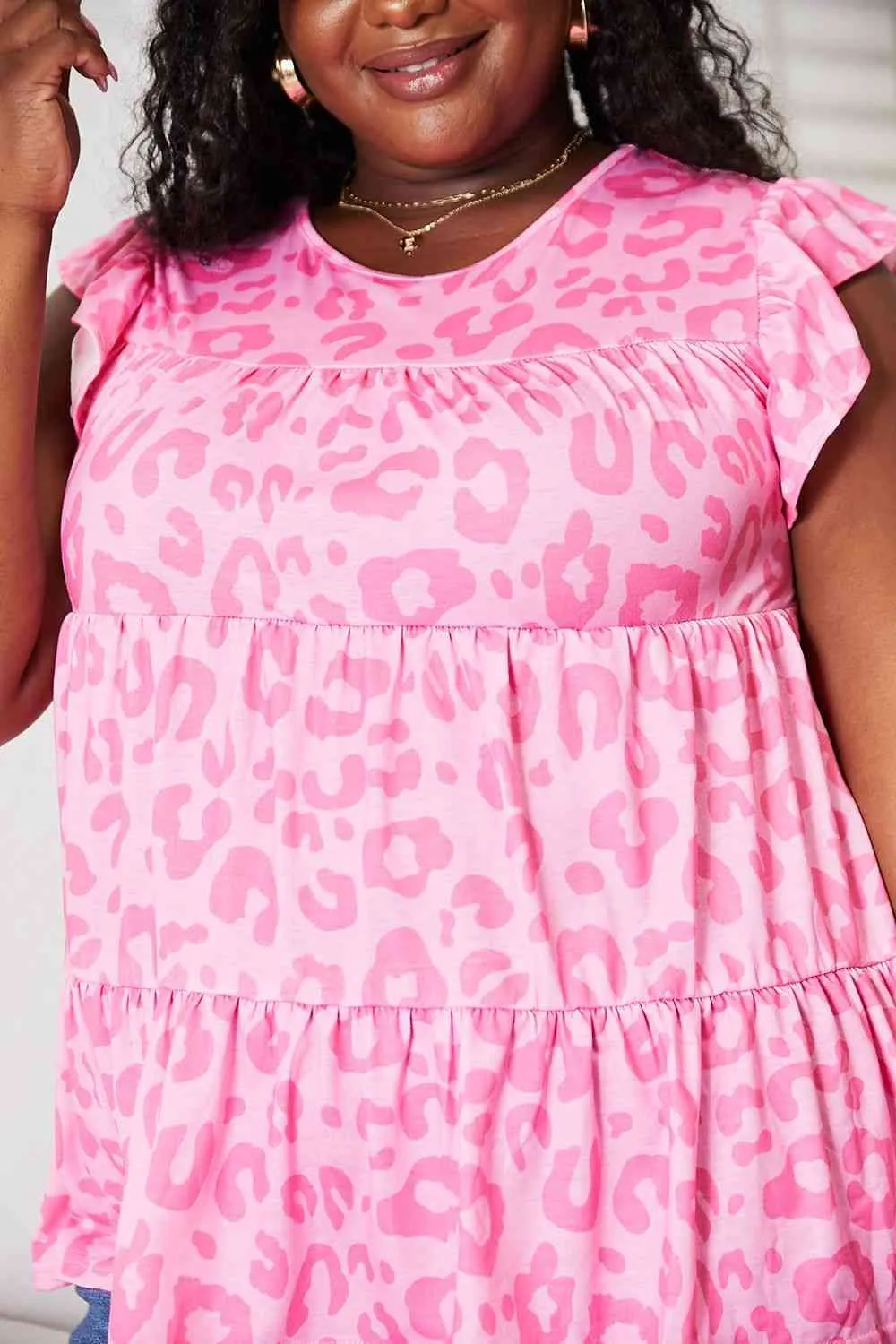 Women's Double Take Leopard Round Neck Tiered Blouse