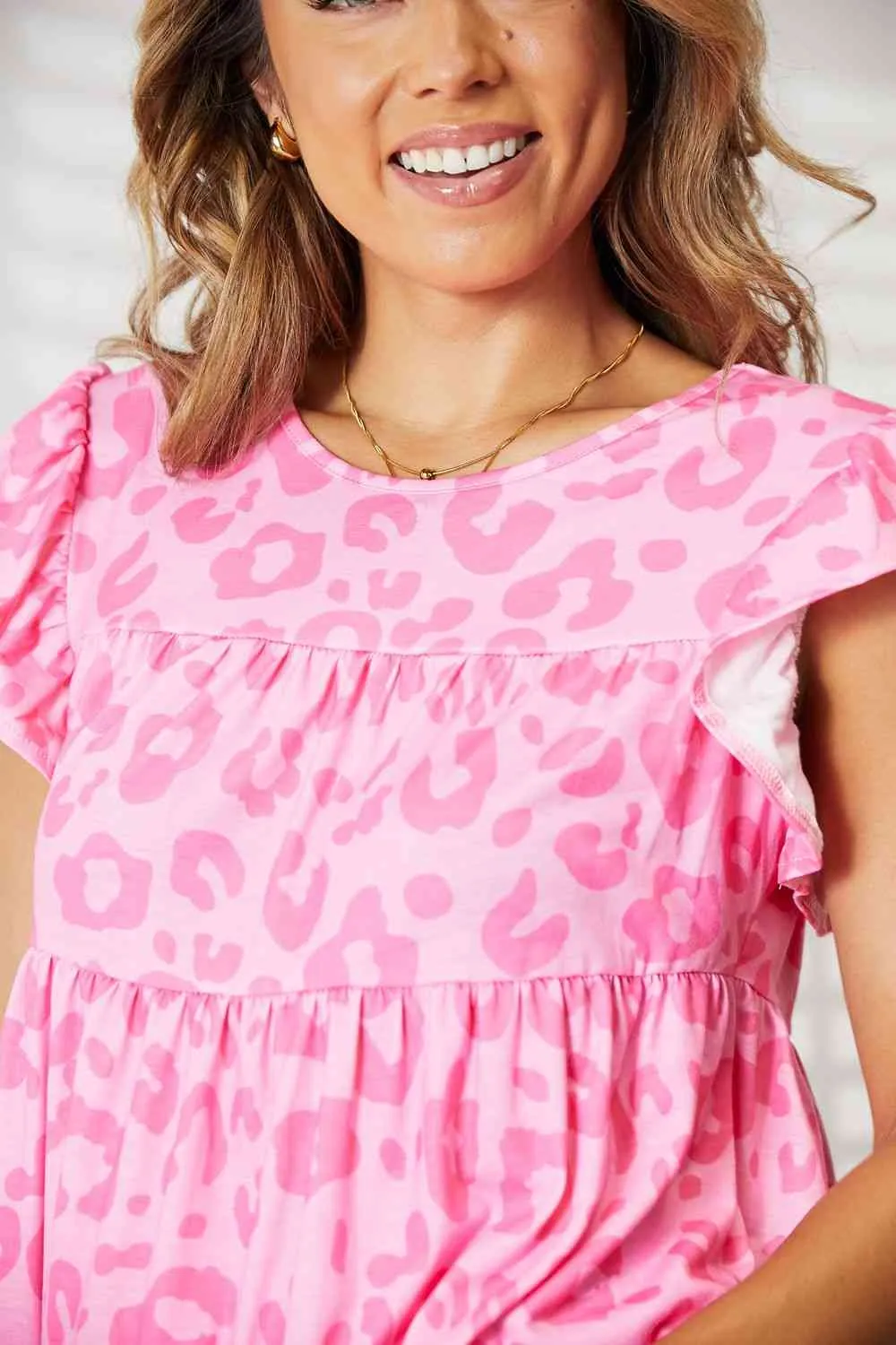 Women's Double Take Leopard Round Neck Tiered Blouse