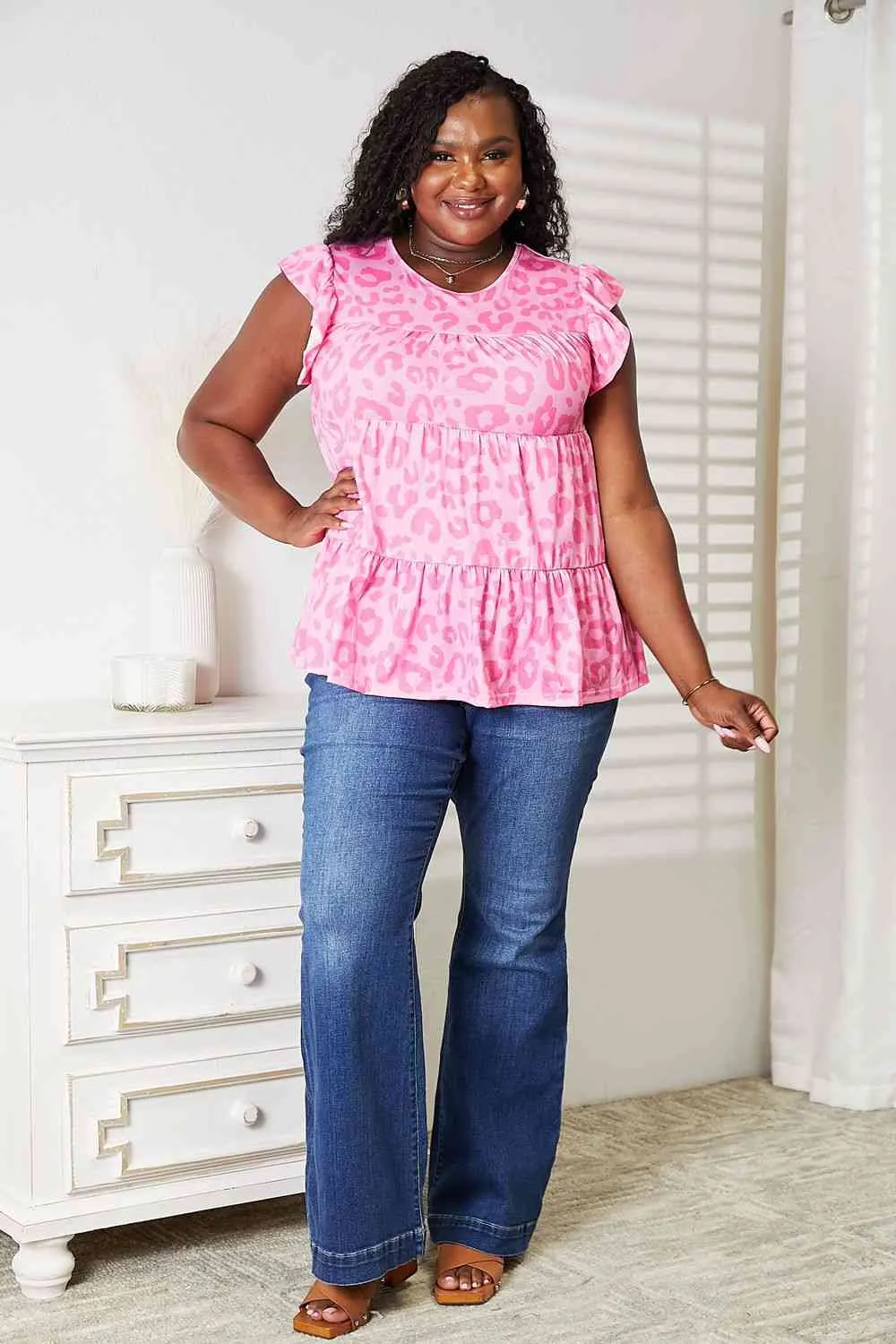 Women's Double Take Leopard Round Neck Tiered Blouse