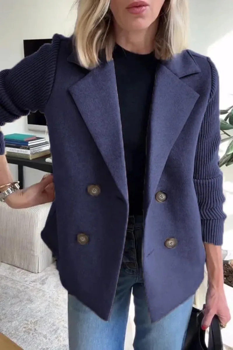 Women's Lapel Button Knitted Patchwork Sleeve Casual Coat Cropped, Cropped Double Breasted Coat Sweater Blazer