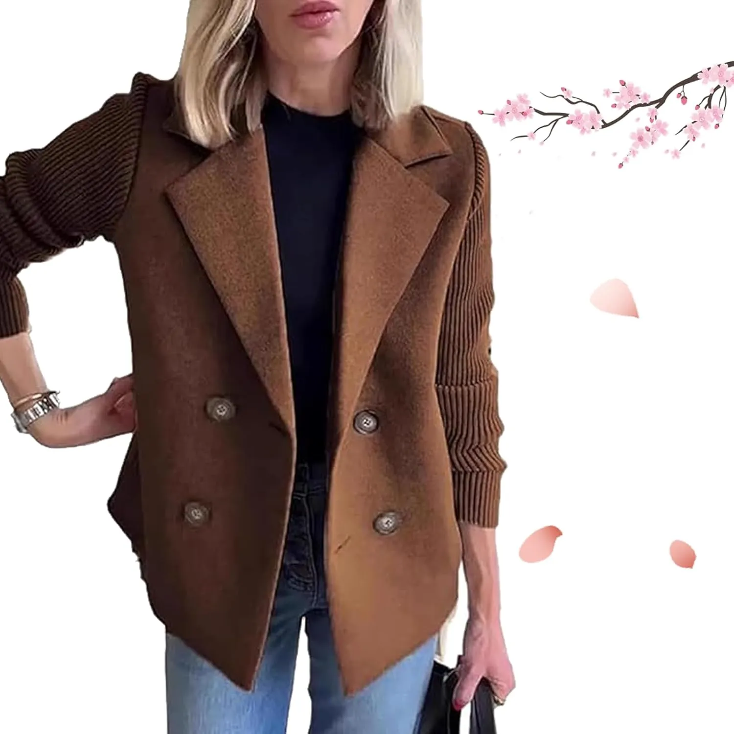 Women's Lapel Button Knitted Patchwork Sleeve Casual Coat Cropped, Cropped Double Breasted Coat Sweater Blazer