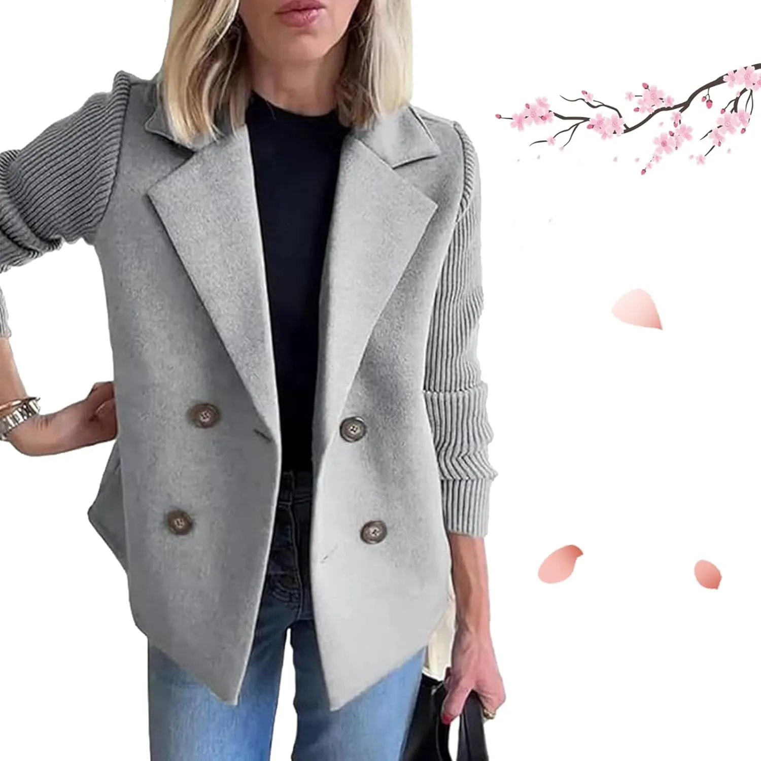 Women's Lapel Button Knitted Patchwork Sleeve Casual Coat Cropped, Cropped Double Breasted Coat Sweater Blazer