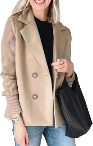 Women's Lapel Button Knitted Patchwork Sleeve Casual Coat Cropped, Cropped Double Breasted Coat Sweater Blazer