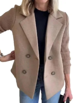 Women's Lapel Button Knitted Patchwork Sleeve Casual Coat Cropped, Cropped Double Breasted Coat Sweater Blazer