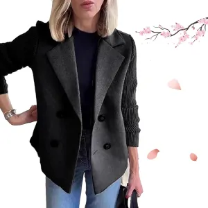 Women's Lapel Button Knitted Patchwork Sleeve Casual Coat Cropped, Cropped Double Breasted Coat Sweater Blazer