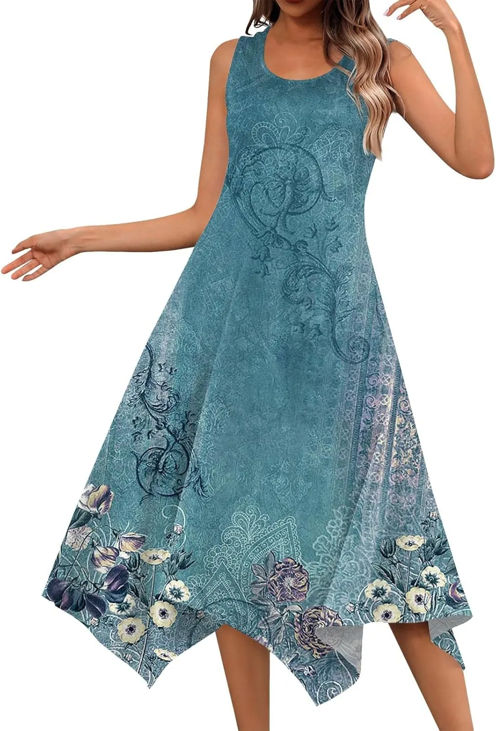 Women's Long Dresses Boho Sleeveless Dresses Summer Casual Loose Round Neck Swing Retro Print Irregular Dress
