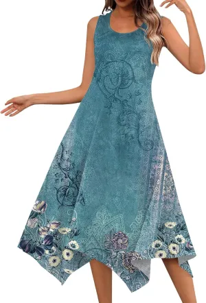 Women's Long Dresses Boho Sleeveless Dresses Summer Casual Loose Round Neck Swing Retro Print Irregular Dress