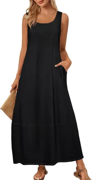 Women's Loose Casual Midi Cotton Dresses Sundress Sleeveless Beach Summer Trendy Tank Top Dress with Pockets