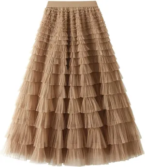 Women's Pleated A-Lined Skirts 2024 Summer Versatile High Waisted Midi Skirt Multi-Layer Puffer Flared Cake Skirt