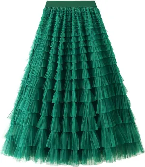 Women's Pleated A-Lined Skirts 2024 Summer Versatile High Waisted Midi Skirt Multi-Layer Puffer Flared Cake Skirt