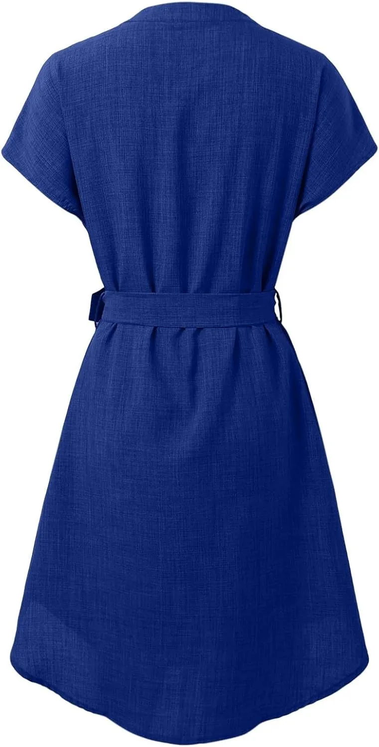 Womens Shirt Dress Summer Cotton Linen Dress V-Neck Belted Mini Short Dress Casual Short Sleeve Loose Tunic Dresses