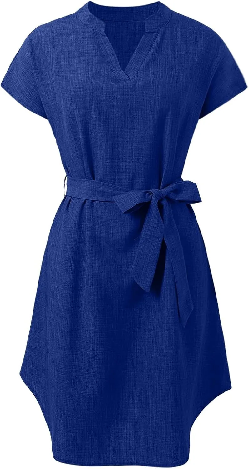 Womens Shirt Dress Summer Cotton Linen Dress V-Neck Belted Mini Short Dress Casual Short Sleeve Loose Tunic Dresses